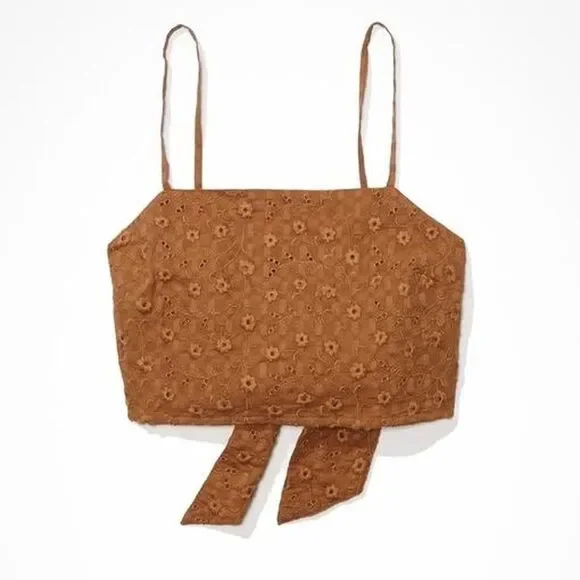 American Eagle Chestnut Eyelet Crop Top Smocked Large Festival Summer - Picture 1 of 7